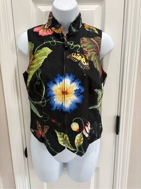 Black Floral Zip-Front Tank Top with Blue & Yellow Bloom